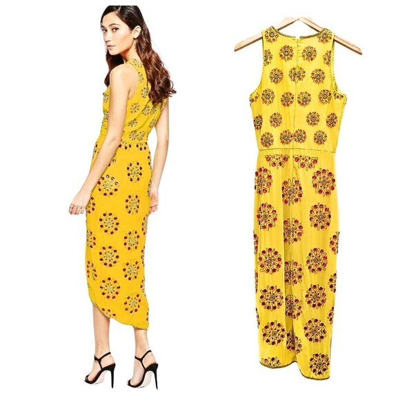 NWT Asos VIRGOS LOUNGE Daria Yellow Red Asymmetrical Embellished Midi Dress Sz 6 - Picture 10 of 10